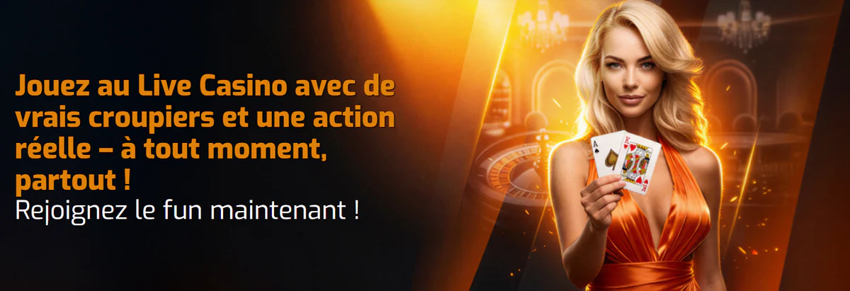 Casino Intense bannière du casino en direct avec de vrais croupiers, jeux de cartes et roulette, accompagnée d'une femme tenant des cartes à jouer